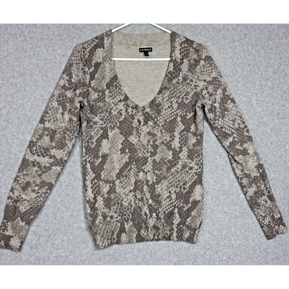 Express Sweater Women's Medium Shimmer Snake Animal Print V-neck Long Sleeve‎